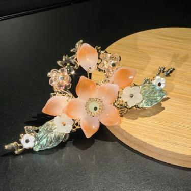 Imagem de Cayyoomm Flor de camélia vermelha com borla Hanfu grampo de cabelo chinês antigo acessório para cabeça grampo de cabelo clássico elemento Han (flor de pêssego)