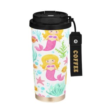 Imagem de STAYTOP Copo de café de aço inoxidável de 500 ml, linda caneca de café de viagem com isolamento de sereia com tampa, copo de café à prova de derramamento, copos portáteis reutilizáveis para bebidas