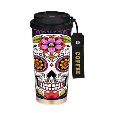 Imagem de STAYTOP Caneca de café colorida com isolamento de caveira de açúcar de 482 g, copo de café reutilizável de aço inoxidável com tampa flip à prova de vazamento à prova de vazamento para escritório