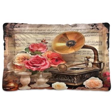 Imagem de Wassud Cama vintage lavável para cães pequenos, gramofone e rosas, tapetes para cães pequenos, almofada portátil macia para animais de estimação, cama antiderrapante para cães e gatos, almofada