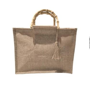 Imagem de Bolsa de Juta com Alça de Bambu, Material Poliéster e Juta Sintética, 14x28x36cm, Grande, Feminina para Praia e Piscina