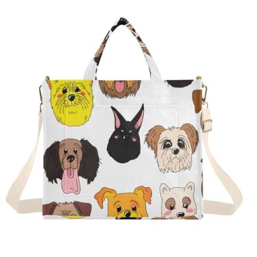 Imagem de Burbuja Sacola feminina com carinhas de cachorro de desenho animado, bolsa tiracolo de veludo cotelê para compras, trabalho, viagens, Caras de cachorro de desenho animado, Medium