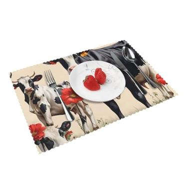 Imagem de Jogo americano de mesa de jantar requintado com estampa de vaca de flor vermelha tapetes laváveis antiderrapantes para cozinha decoração de casa
