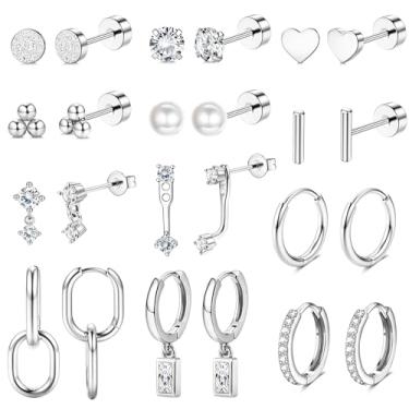 Imagem de BESTEEL 12 pares de brincos hipoalergênicos de costas planas para mulheres – Conjunto de pilhas de brincos de aço inoxidável banhado a ouro 14 K, pequeno, pingente, argola, cartilagem, bijuteria