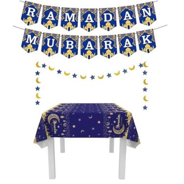 Imagem de JFBNXB Faixa Ramadã Mubarak, conjunto de decorações de Ramadã azul e dourado para casa, inclui faixa, guirlanda de lua e toalha de mesa, perfeita para celebrações do Eid e festas islâmicas