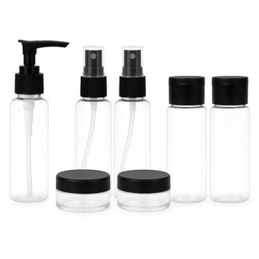 Imagem de Kit de Viagem 7 Peças Frascos Reutilizáveis para Produtos de Higiene, Cosméticos e Skincare Portátil, Antivazamento e Ideal para Mala de Viagem (PRETO)