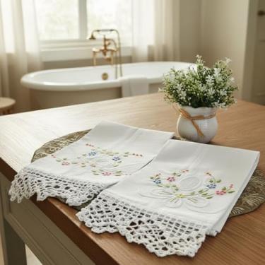 Imagem de Kit 2 Toalhas para Lavabo Bordadas em Crochê Artesanal, Percal do Ceará, 42x42 cm