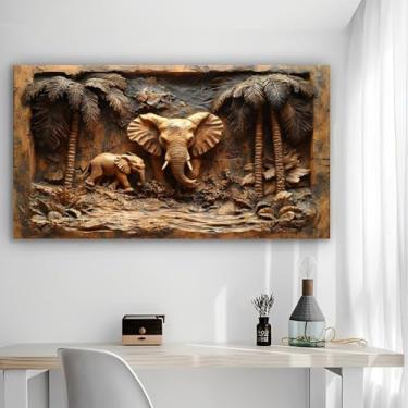 Imagem de Arte de parede em tela rústica em relevo de elefante - Pôster sem moldura de 30 x 61 cm - Decoração de casa e escritório para sala de estar, quarto, cozinha e café