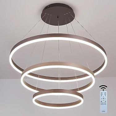 Imagem de Luminária de teto LED moderna com 3 anéis, pendente de 90W e 4500LM, dimerizável com controle remoto, 3 cores, lustre de metal LED redondo para sala de estar, quartos, sala de jantar e escri