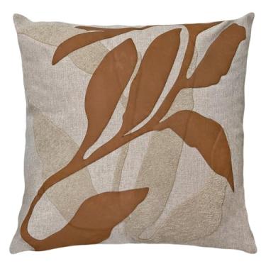 Imagem de Almofada Linho Com Bouclé E Couro Folhagem Caramelo 50x50