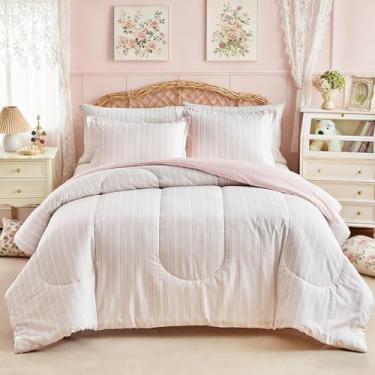Imagem de Joyreap Conjunto de edredom de algodão 3 peças Queen, design de listras rosa blush para meninas, conjunto de edredom leve macio e aconchegante para todas as estações - 223 x 223 cm