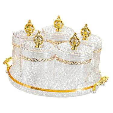 Imagem de ＫＬＫＣＭＳ Pote para armazenamento de alimentos com 5 frascos, acessório, tampa hermética, utensílio de cozinha para armário, porta-temperos, suporte, Claro