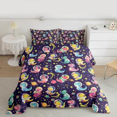 Imagem de Erosebridal Conjunto de edredom infantil Queen com dinossauro, astronauta, planeta, universo e espaço sideral, para meninos e meninas, galáxia, decoração de quarto de lua e estrelas, com 2 fronhas