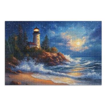 Imagem de Quebra-cabeça azul farol oceano 1000 peças para adultos, quebra-cabeças adultos com letras na parte de trás