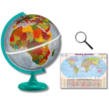 Imagem de GLOBO TERRESTRE FÍSICO POLÍTICO COM LUZ LED 30CM BASE E RÉGUA VERDE + MAPA MUNDI + LUPA