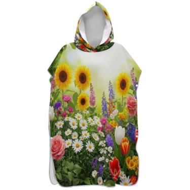 Imagem de Joisal Poncho de surf divertido colorido colorido flores primavera para adulto trocador plus size homens mulheres poncho com capuz praia moletom toalha natação