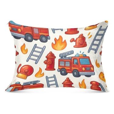 Imagem de Linda fronha decorativa vermelha de caminhões de bombeiros de desenho animado poliéster padrão king queen size fronha de travesseiro de desenho animado fronha corporal, tamanho Queen, 50,8 cm x 76,2