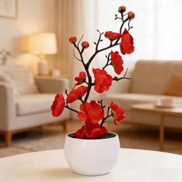 Imagem de 28 cm Flor artificial cerejeira primavera ameixa flor pêssego vasos plantas artificiais bonsai flores falsas ornamentos acessórios para casa (vermelho)
