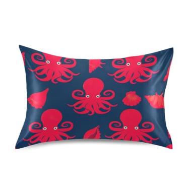 Imagem de Capas de polvo vermelho azul marinho cetim Cool Fronha King Queen padrão personalizada para cama de casa sofá tamanho padrão 66.0 cm x 50.8 cm