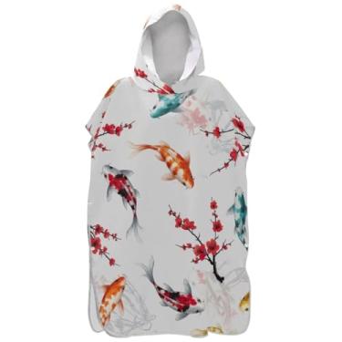 Imagem de Joisal Poncho de surfe plus size para adultos trocador de roupa de praia com capuz toalha floral colorido koi peixe flores vermelhas ponchos adultos para mulheres