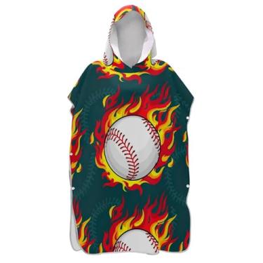 Imagem de TSENQUE Roupão reutilizável para adultos, poncho de surfe, toalha de banho com capuz, bolas de beisebol flamejantes, ponchos adultos legais para mulheres