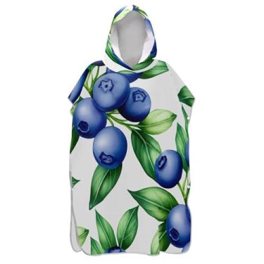 Imagem de Roupão de mudança de poncho de surfe para adultos toalha de banho com capuz de praia ponchos adultos de secagem rápida para mulheres mirtilos folhas verdes