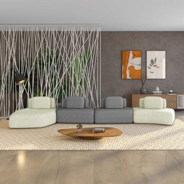 Imagem de Sofá Ilha Sala de Estar Dakota 4 Módulos 626cm Encostos Almofadas Soltas Bouclê Rústico OffWhite/Cinza G33 - Gran Belo