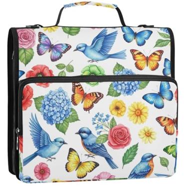 Imagem de Organizador de fichário com zíper, pássaros azuis, 3 anéis, 3 anéis, bolsa grande para fichários escolares com alça de ombro, pasta de armazenamento com alça, 34,5 x 31,5 x 9 cm