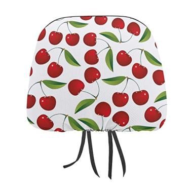Imagem de Cerejas vermelhas sem costura com folhas verdes em branco 2 peças capas protetoras de encosto de cabeça para assento de carro universal, capa macia para encosto de cabeça de carro, acessórios de