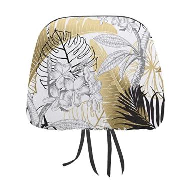 Imagem de Elegante sem costura dourado preto folha tropical palmeira gráficos modernos 1 peça capa protetora universal para assento de carro, capa macia para encosto de cabeça de carro, acessórios de decoração