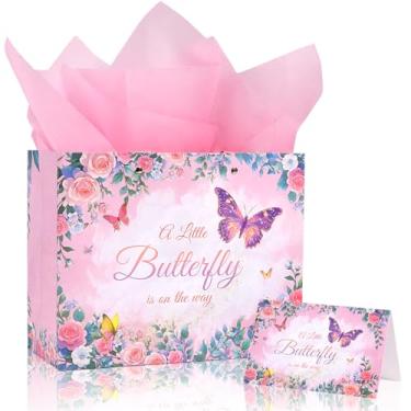 Imagem de Lednica Uma pequena borboleta está a caminho Adorável bolsa de borboleta com papel de embrulho e envelope de cartão em design floral, perfeita para suprimentos de festa de aniversário, bolsas para ela