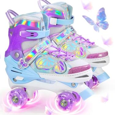 Imagem de SHDSL Patins infantis para meninas, meninos, iniciantes, 4 tamanhos ajustáveis, quadriciclo, borboleta, patins com todas as rodas iluminadas, presente de aniversário para meninas, esportes internos e