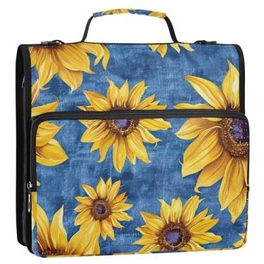 Imagem de Girassol azul impressão rústica 3 fichários de 3 anéis resistentes com zíper organizador de fichários escolares bolsa com alça de ombro divertido estojo de armazenamento portfólio com alça