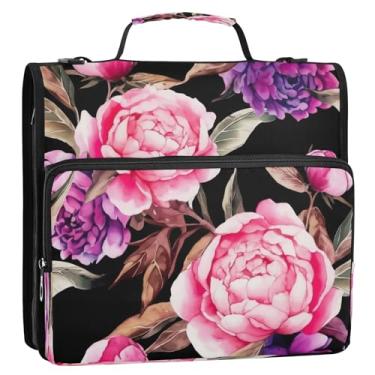 Imagem de Bolsa organizadora de fichário com zíper peônias rosa e roxas em aquarela com alça, 3 anéis, anel D de 3 cm, suporte grande para pasta de portfólio para escola ou escritório