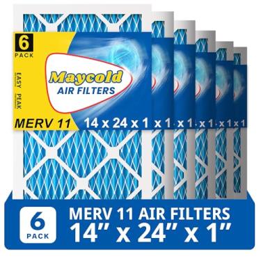 Imagem de Maycold Filtro de ar embalado individualmente de 14 x 24 x 1 MERV 11 (pacote com 6) Filtros de substituição de HVAC e forno plissados de alto desempenho Tamanho exato: 34,8 cm x 60,2 cm x 1,9 cm Limpo