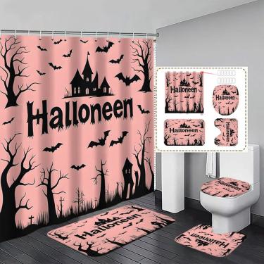 Imagem de Conjunto de cortinas de chuveiro de banheiro para Halloween com tapetes antiderrapantes