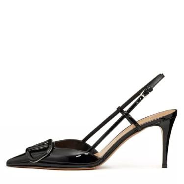Imagem de BlingQueen Sandálias femininas de salto alto, bico fino, bico fino, salto alto, sapatos de couro envernizado, sem cadarço, costas nuas, para festas de formatura, Preto, 37