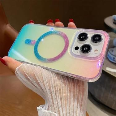 Imagem de Capa Aurora Glitter para iPhone 15 14 13 16 Pro Max Plus 12 11, capa acrílica transparente com efeito degradê e cores vibrantes (para iPhone 14 Pro/Rosa/Azul)