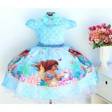 Imagem de Vestido De Festa Infantil Ariel Pequena Sereia Filme E Tiara - Pingo D