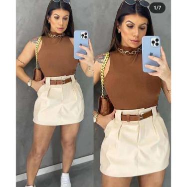 Imagem de Conjunto Feminino Cropped Marrom e Short Saia Alfaiataria Nude Elegant
