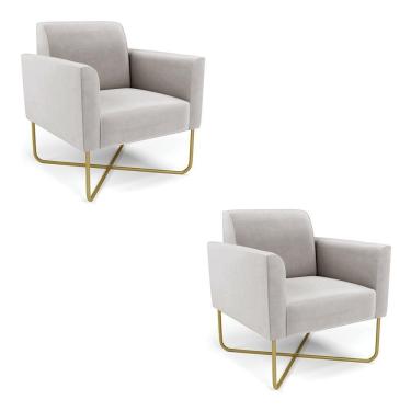 Imagem de Kit 2 Poltronas Base X Industrial Dourado Marisa Veludo Cinza D03 - D\'rossi