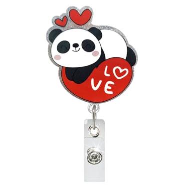 Imagem de Carretel de crachá de coração de panda engraçado, porta-crachás, retrátil, com glitter, acrílico, cartão de identificação de enfermeira, design de panda fofo, amor, clipe para crachá de dia dos