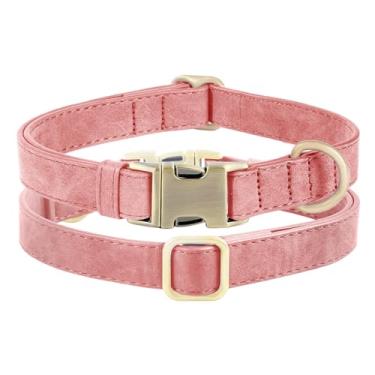 Imagem de Coleira de couro genuíno para cães – Coleira ajustável para animais de estimação com fivela de metal de liberação rápida, coleira de couro verdadeiro para cães pequenos, médios e grandes (coleira rosa