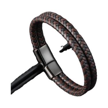 Imagem de Pulseira masculina de couro genuíno trançado preto azul pulseira de ba