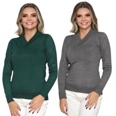 Imagem de Kit 2 Blusas Tricot Gola V Moda Casul Inverno 2024 - GIP, Verde, Chumb