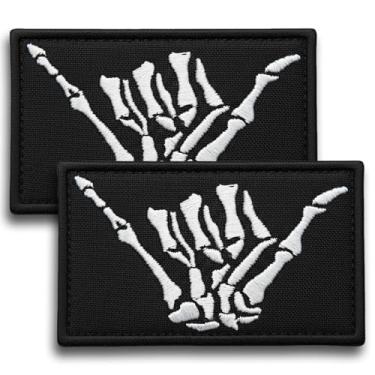 Imagem de Bluyellow 2 peças de remendos de mão Shaka preto, bordado esqueleto mão Shaka adesivos táticos para mochila militar, colete tático, capacete militar, arnês para cães, gancho e laço Aloha, patch de