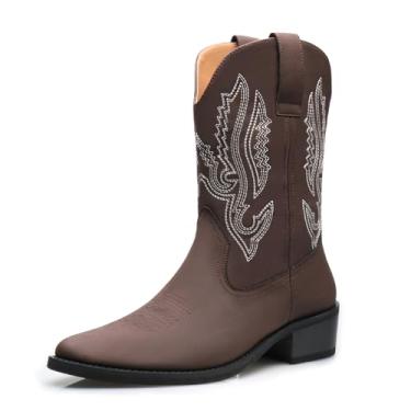 Imagem de Botas masculinas bordadas, bico fino, salto bloco, sem cadarço, cano médio, estilo caubói, botas de couro sintético, Marrom-escuro, 10.5
