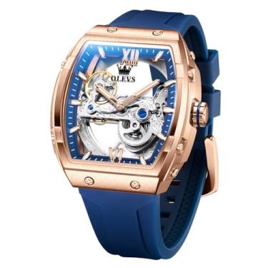Imagem de OLEVS Relógio de pulso masculino esqueleto automático tonneau pulseira de silicone para negócios, luxo, à prova d'água, luminoso, mecânico, masculino, Relógio esqueleto: azul