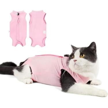 Imagem de Macacão de recuperação de cirurgia para gatos para pós-cirurgia, esterilização cirúrgica, lesões abdominais, pele, gola eletrônica, roupa alternativa (Rosa-P)