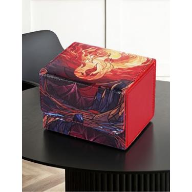 Imagem de Caixa de baralho para cartas MTG, caixa de armazenamento de cartões colecionáveis comporta mais de 120 cartas Commander, caixa de cartão de couro PU adequada para cartões mágicos TCG (vermelho)